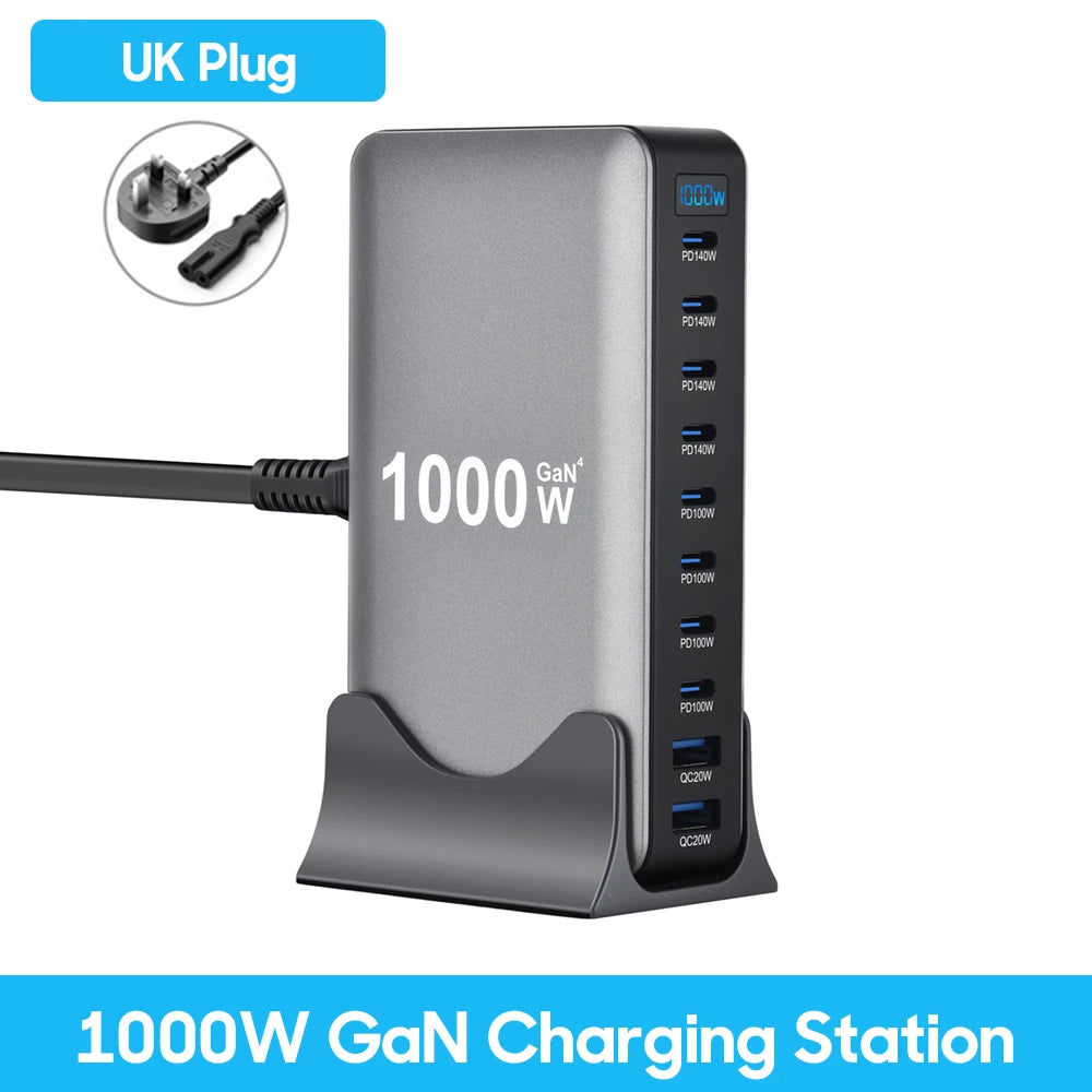 800W GaN 10-Port USB-C Fast Desktop Charger – PD3.1 for iPhone, Samsung & Laptop