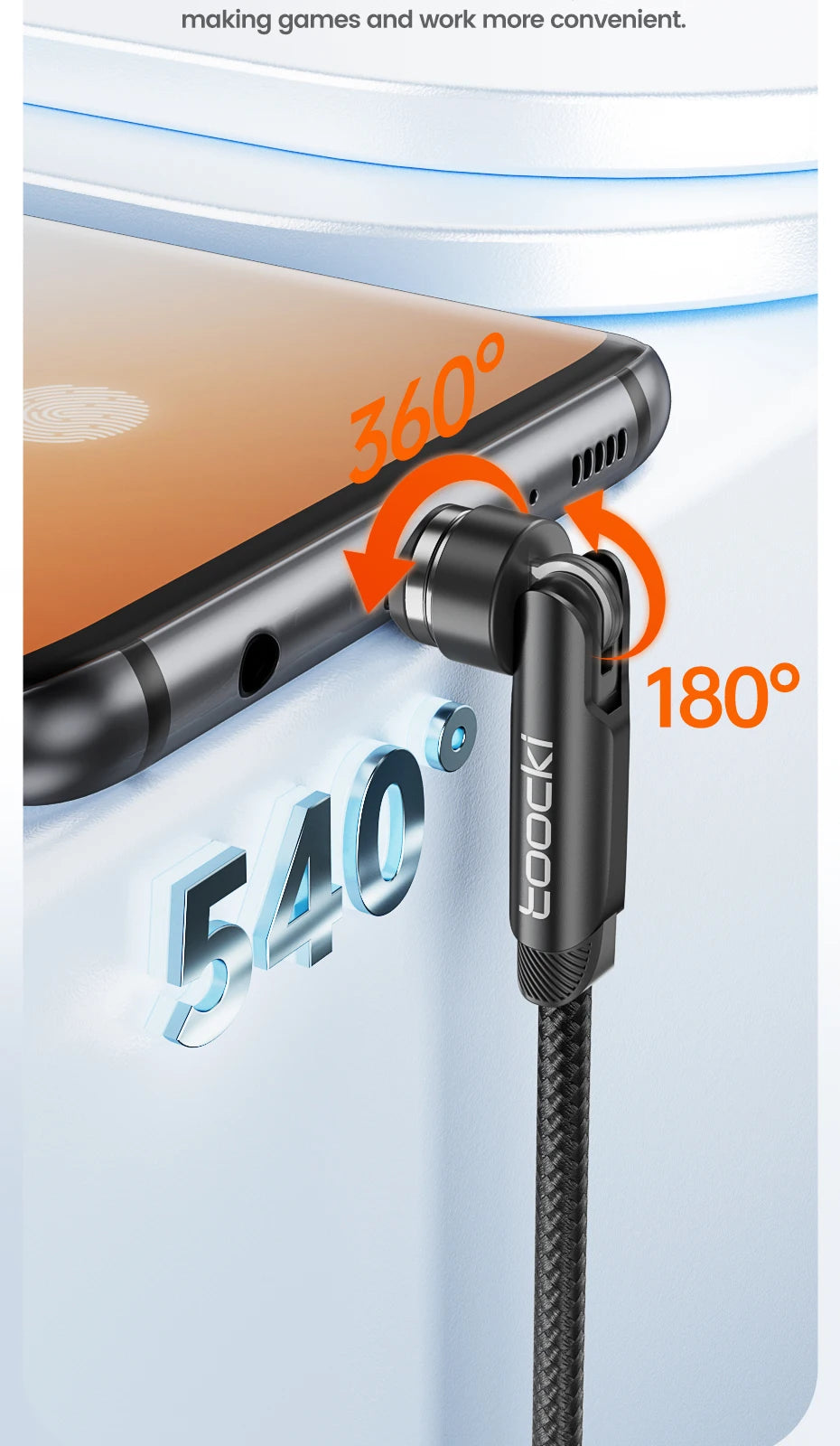 Toocki 540° Magnetic USB-C Cable – Fast Charge for iPhone & Android