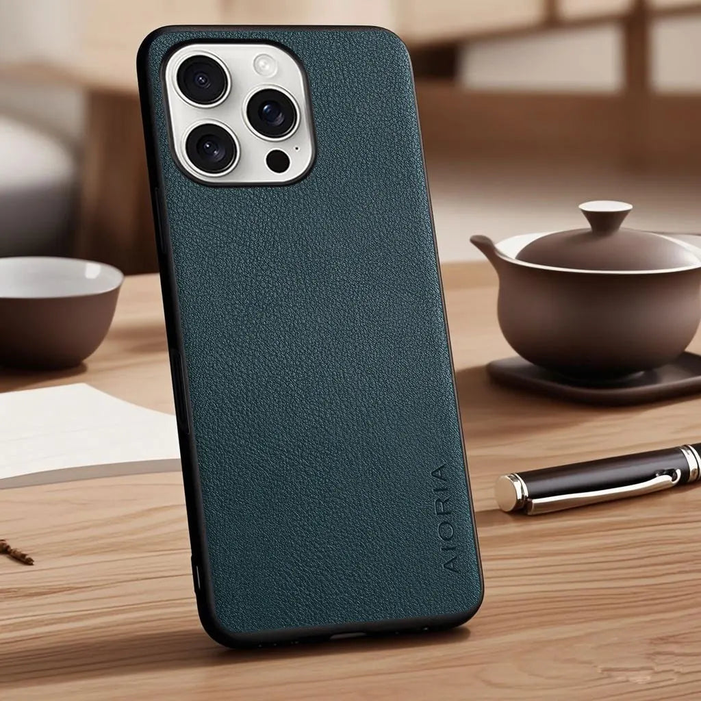 Vegan Faux Lychee Pebbled Leather Case for iPhone 15–17 Series – Soft Protective Cover