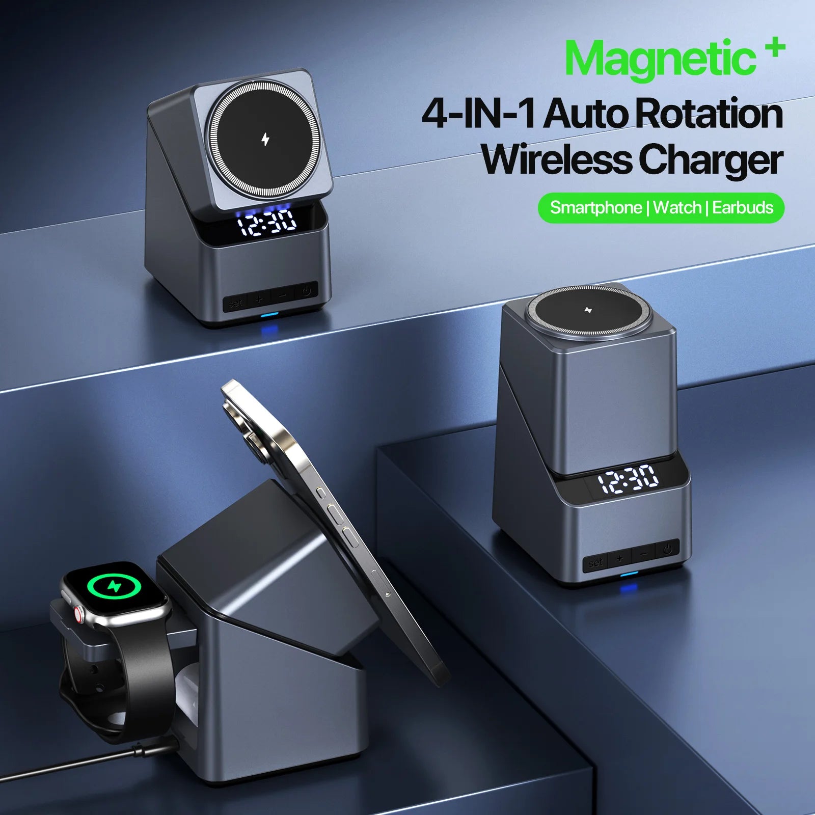 4-in-1 Magnetic Auto-Rotation Wireless Charger – iPhone, Apple Watch & AirPods