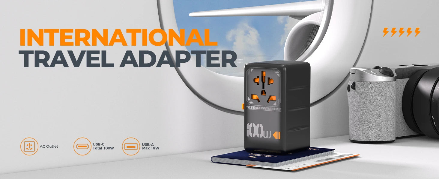 TESSAN 100W GaN Universal Travel Adapter – USB & Type-C Fast Charging