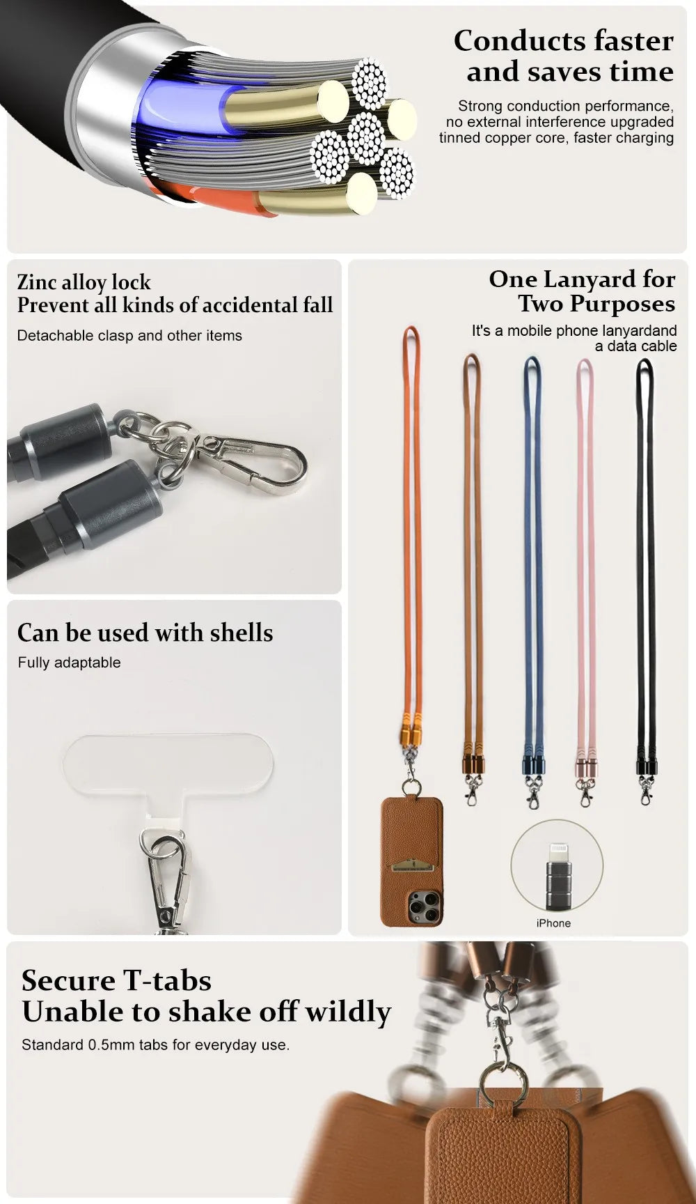 Multifunctional Charging Cable Lanyard Genuine Leather Case For iPhone 16 Pro Max 15Pro 11 13 12 14Pro Crossbody Strap Card Slot