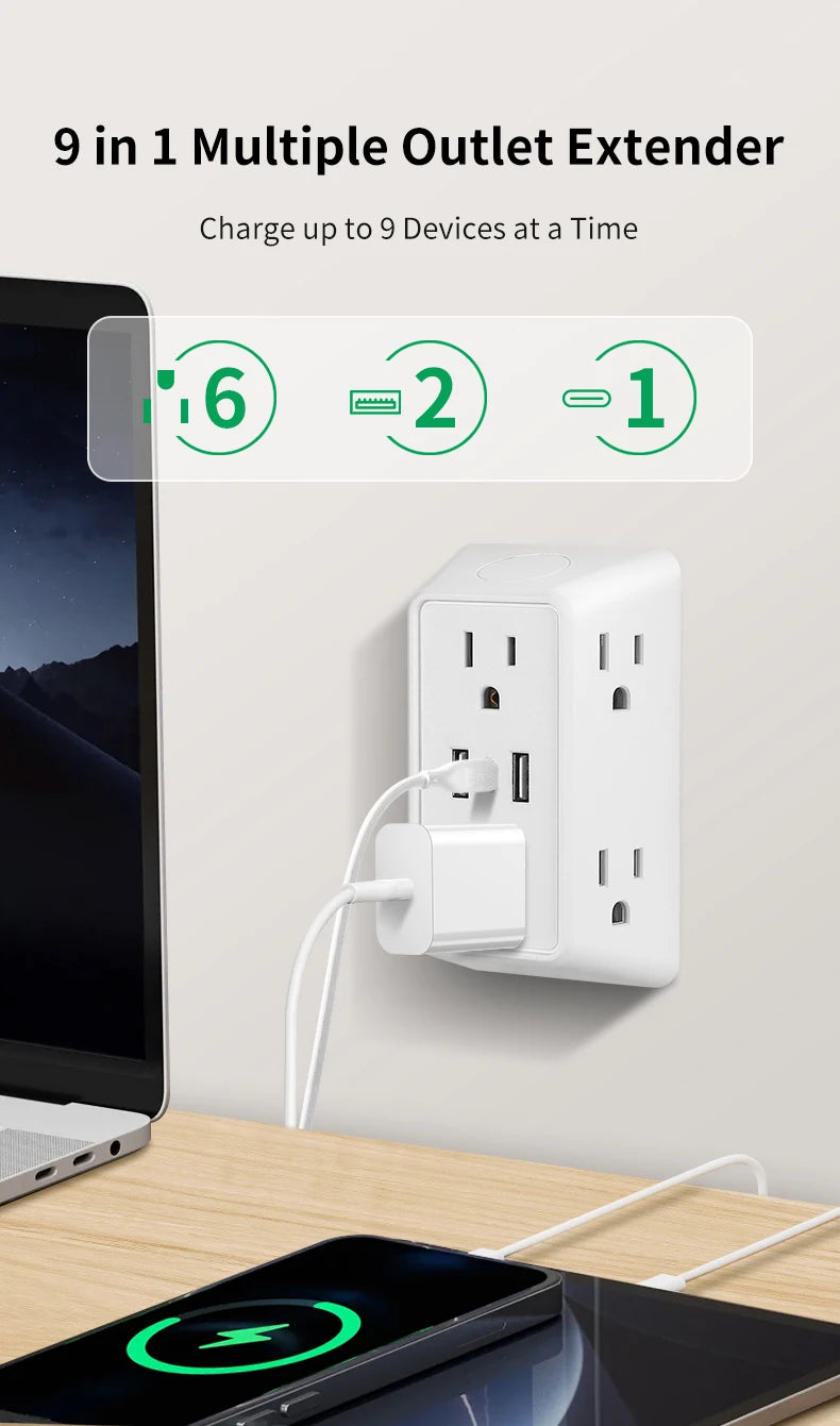 9-in-1 Wall Plug Power Adapter – 6 AC Outlets with 2 USB & 1 USB-C Charging