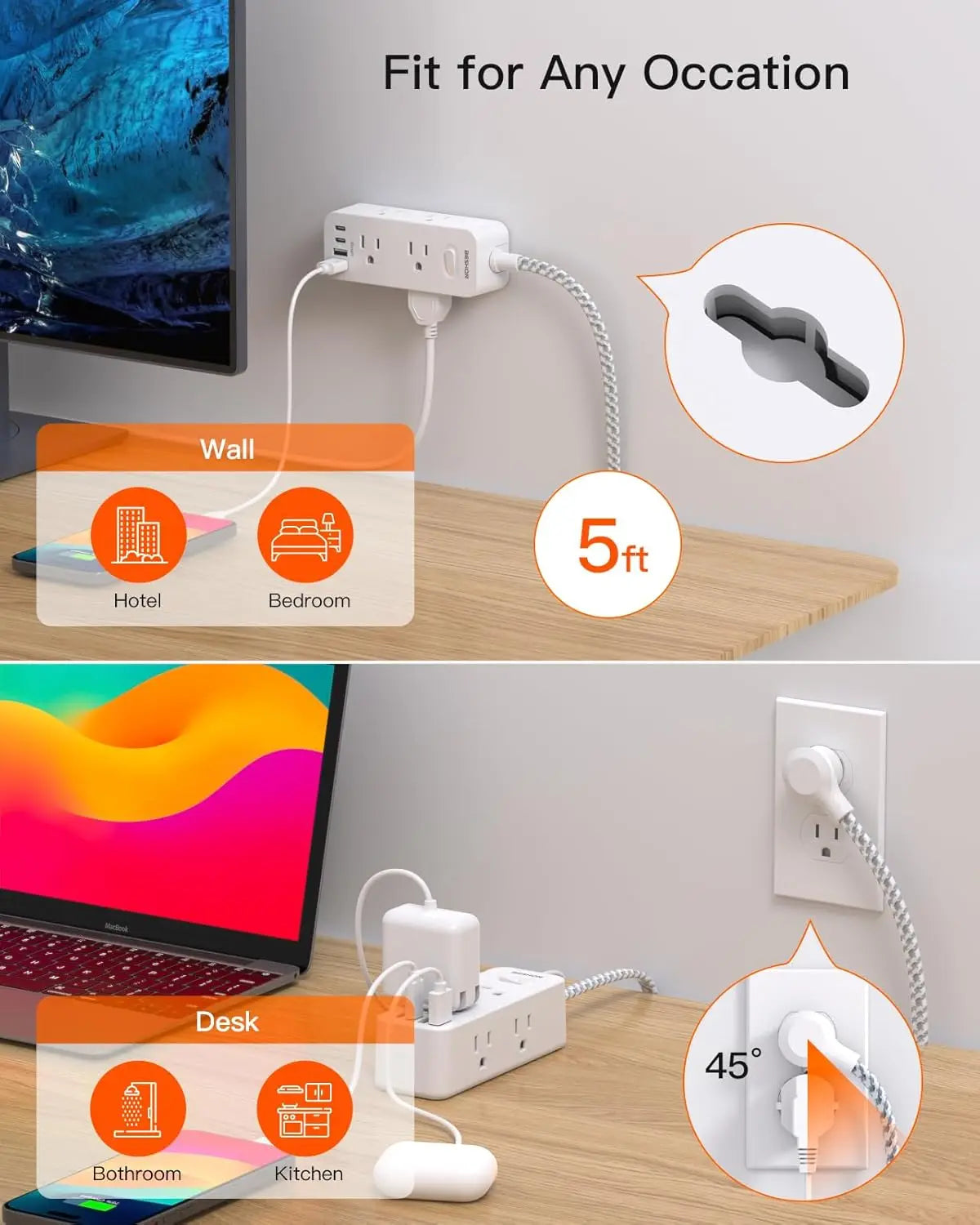 BESHON 6-Outlet Power Strip – 5ft Cord with 4 USB Ports & Surge Protection