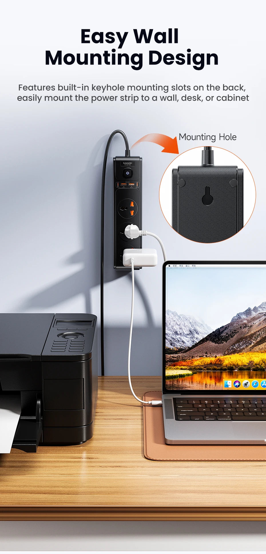 Toocki PD20W GaN Versatile Power Strip 2500W Max Universal 3AC Outlet EU UK US Plug Adapter Electrical Socket 2M Extension Cable