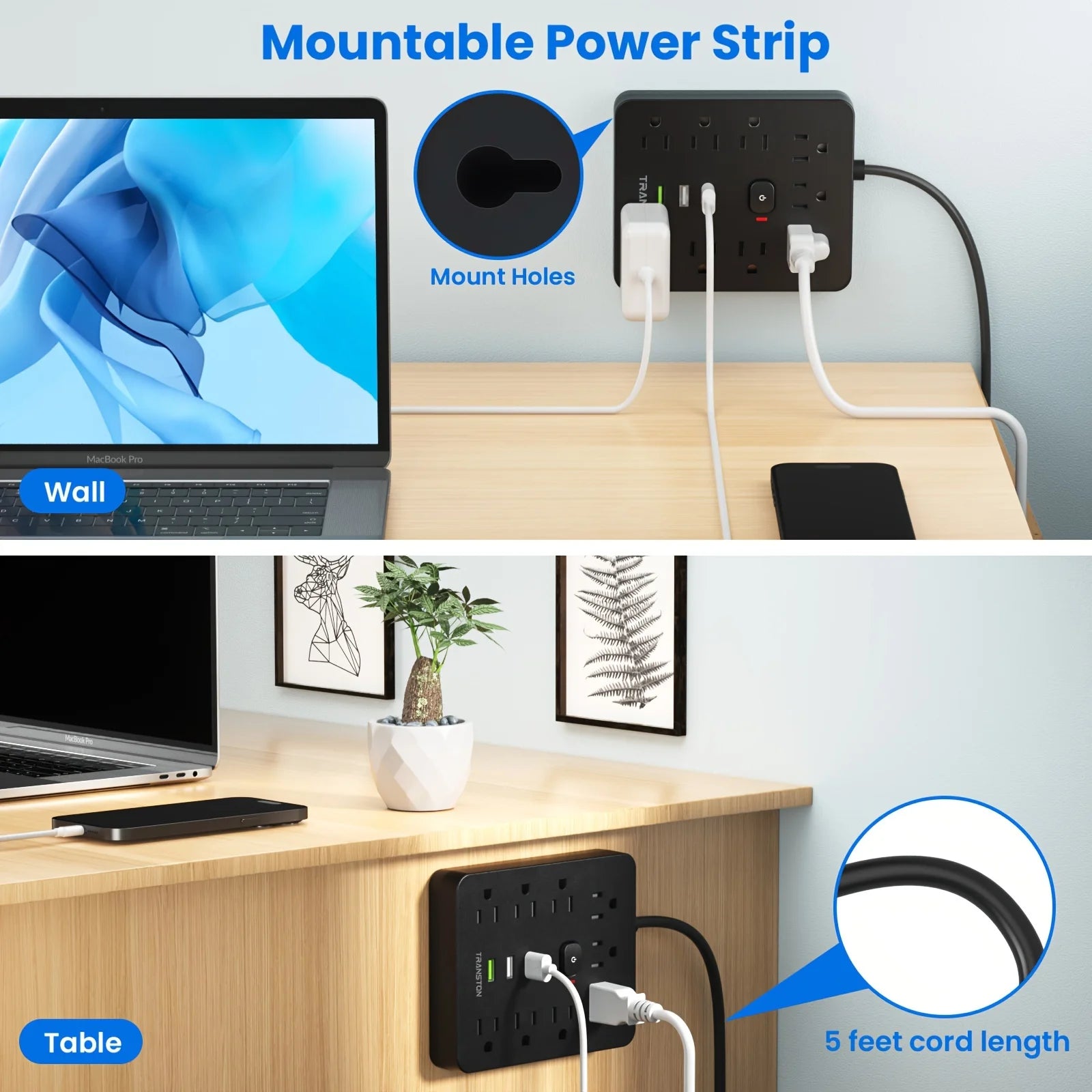 TRANSTON Home & Office Power Strip – 9 AC Outlets with 3 USB Ports