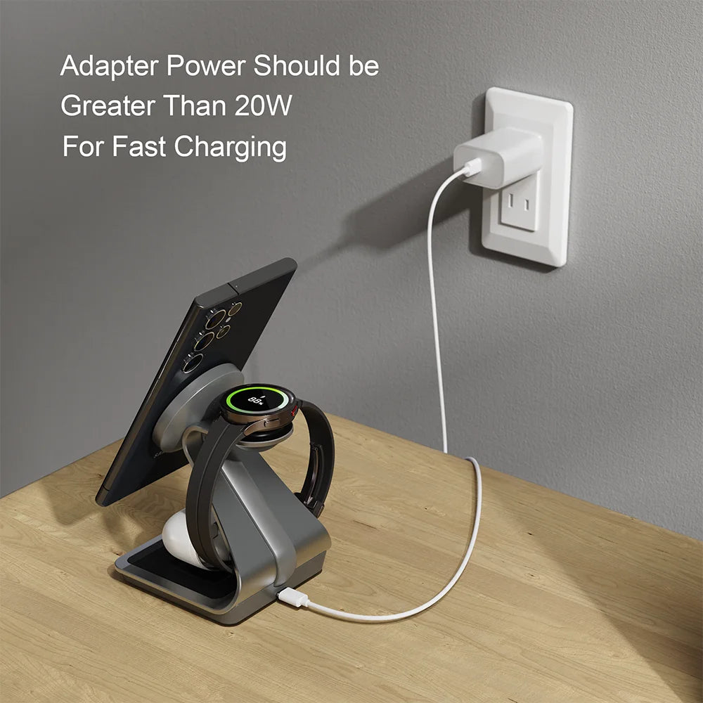 Bonola Wireless Charging Stand – 15W Fast Charge, 3-in-1 for Phone, Watch & Buds