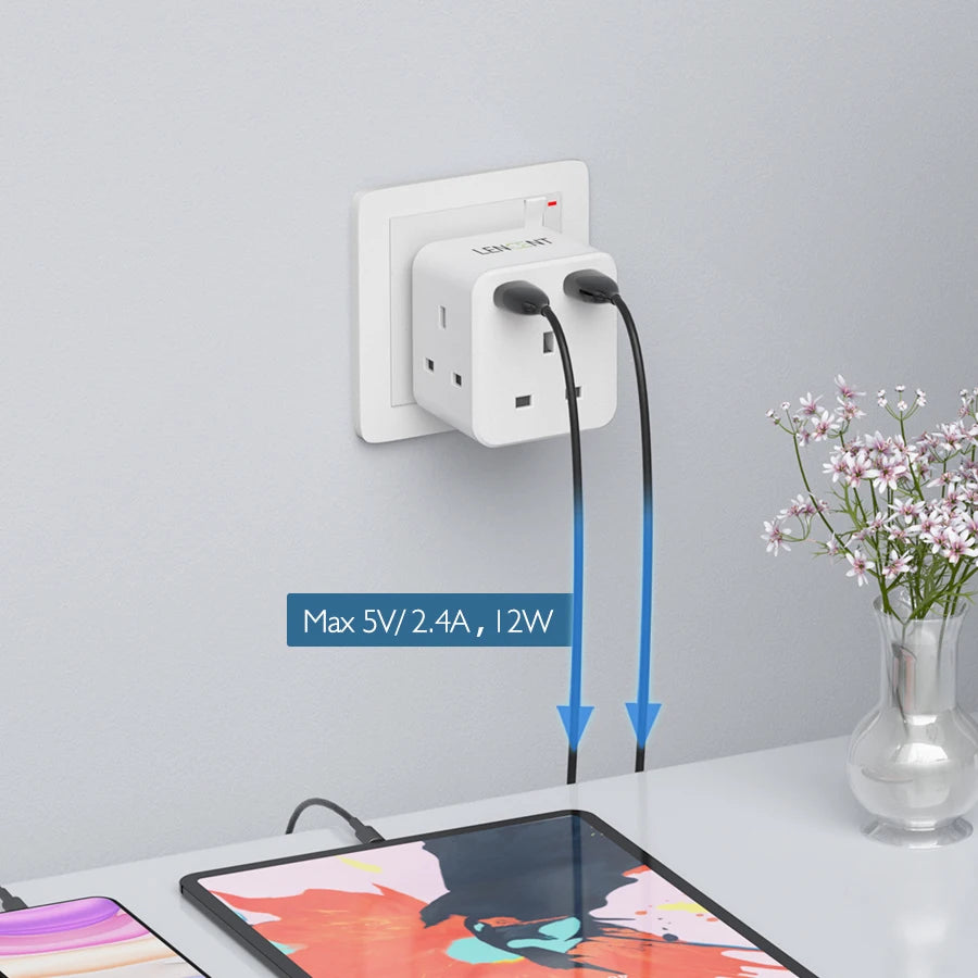 LENCENT UK Plug Power Strip with 3 AC Outlets 2 USB Charging Ports 5V 2.4A Portable Multi Socket Power Adapter for Home Office