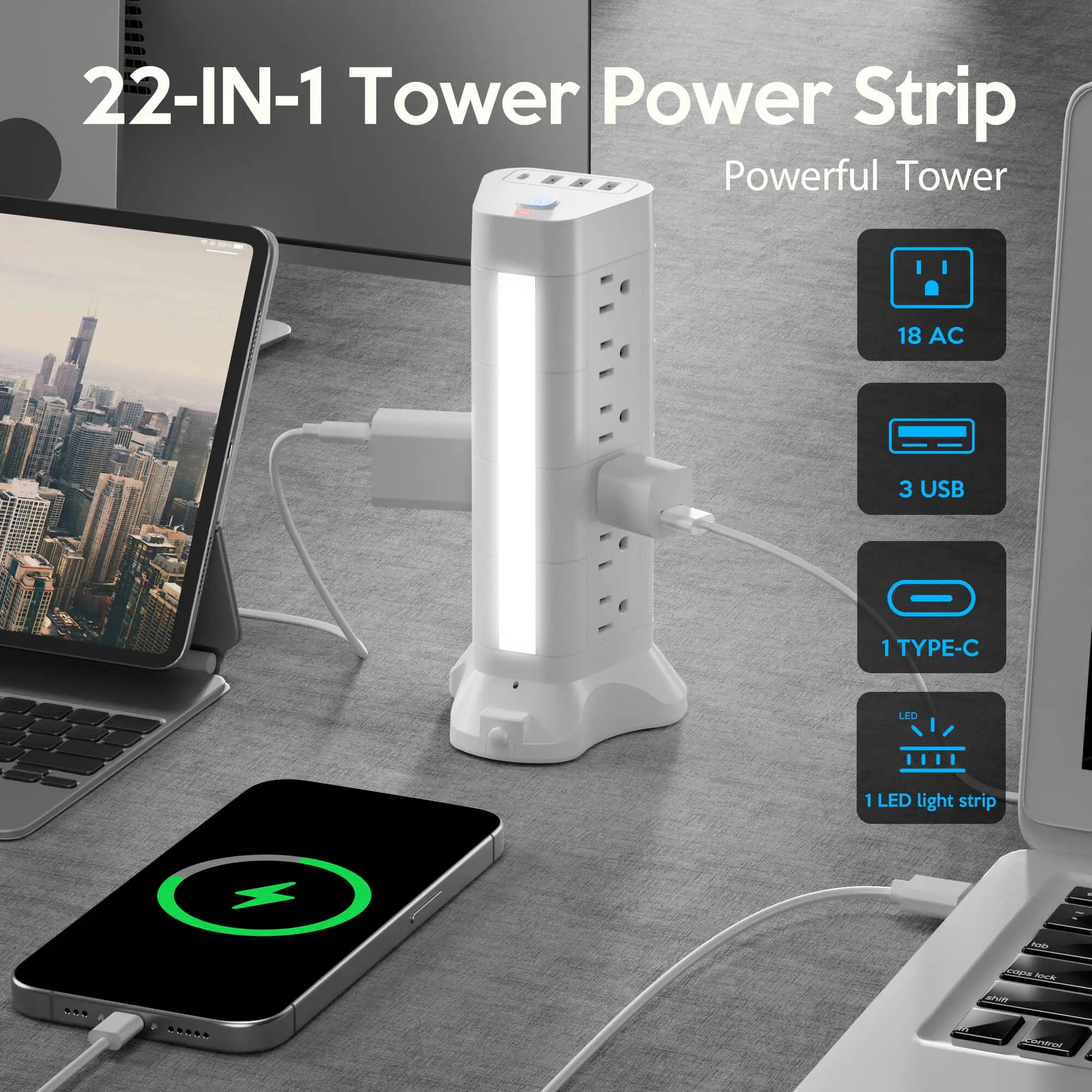 Power Strip  – Tower with 18 AC Outlets with 3 USB-A – 1 USB-C & Surge Protection