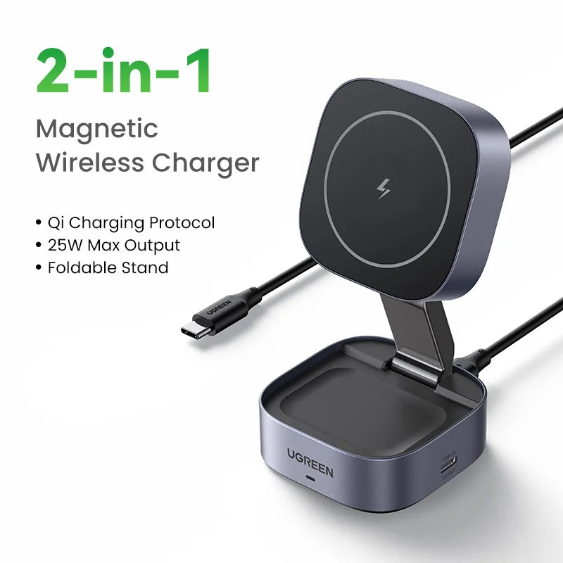 UGREEN Qi2/Qi Magnetic Wireless Charger Stand 15W 2-in-1 Charging Stand For iPhone 16 17 Pro Max/AirPods MagSafe Fast Charger