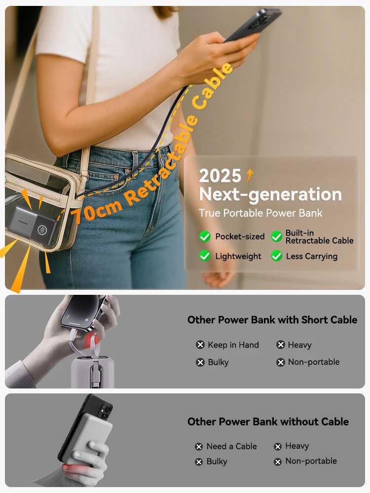 10000mAh Fast Charging Power Bank – Joyroom with Retractable Type-C Cable