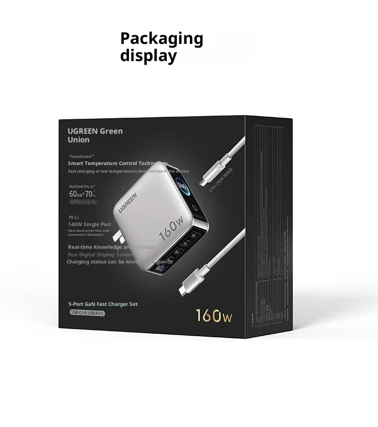 UGREEN GaN Charger 160W PD3.1 Fast Charging Phone Charger With Five Ports USB-C/A AI Smart Display For iPhone17 Tablets Laptops
