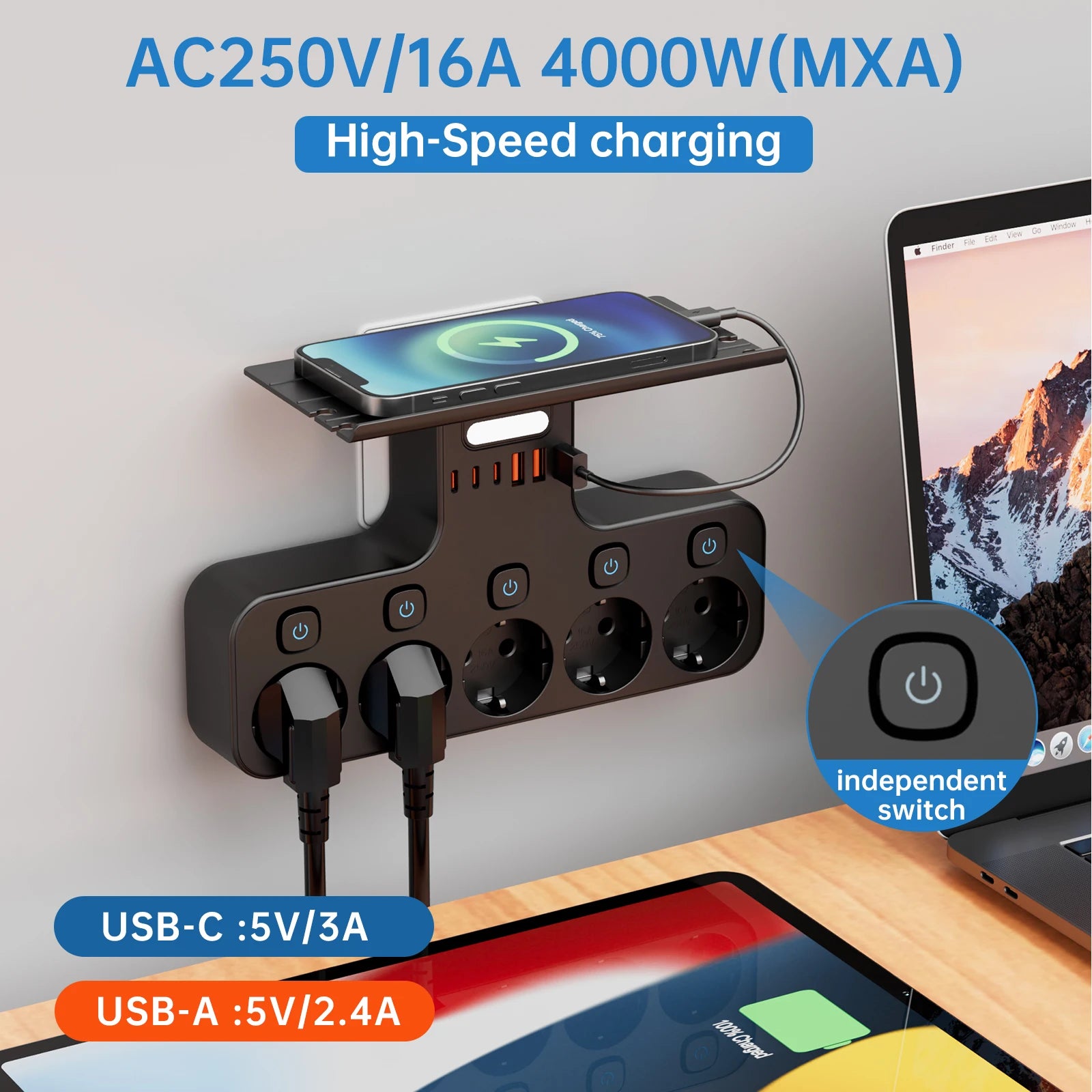 4000W Smart Wall Power Strip – USB-C Fast Charging Hub with Motion Sensor Night Light & Independent Switches