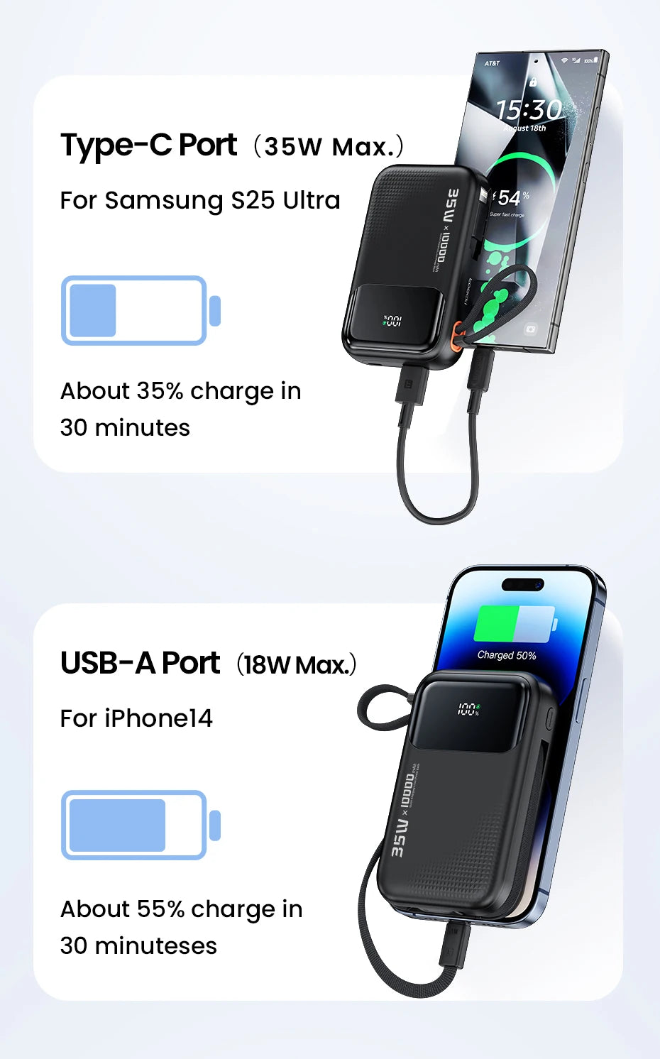 35W Portable Power Bank with Built-in Cable – QC PD 3.0 Fast Charge