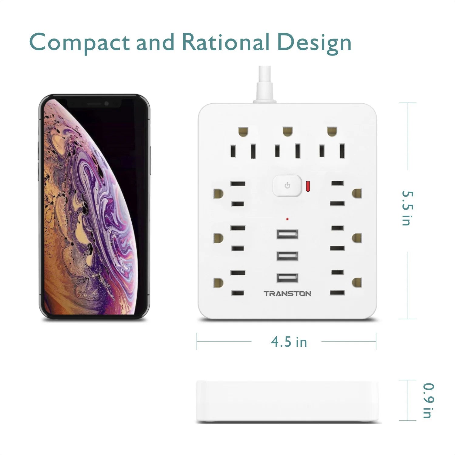 Surge Protected Power Outlet – 9 AC & 3 USB Ports with 5ft Extension Cord