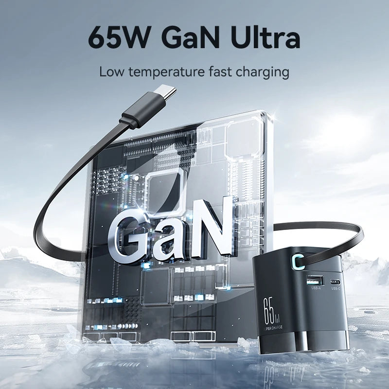 Joyroom 65W GaN PD 3.0 Fast Charger with Retractable USB-C Cable (EU Plug)