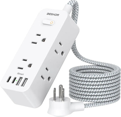 BESHON 6-Outlet Power Strip – 5ft Cord with 4 USB Ports & Surge Protection