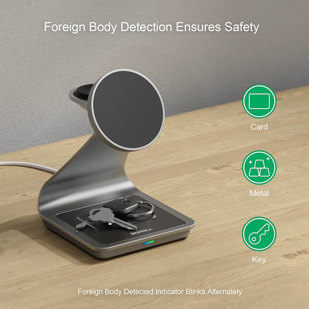 Bonola Wireless Charging Stand – 15W Fast Charge, 3-in-1 for Phone, Watch & Buds
