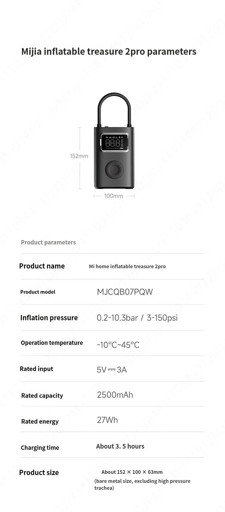 Xiaomi Mijia Air Pump 2 Pro – Portable Electric Tire Inflator, 150 PSI
