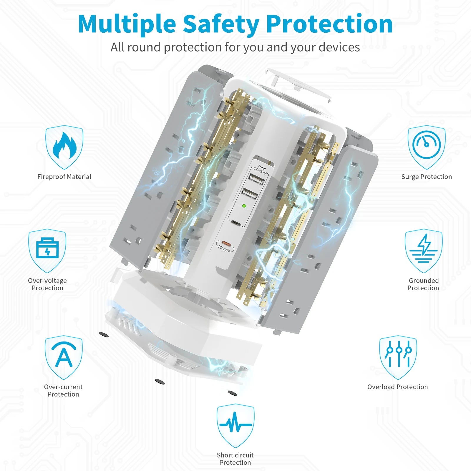 US 4-Layer Tower Power Strip – 16 Outlets with 2 USB-A & 2 USB-C (20W Fast Charge), 3m Cable