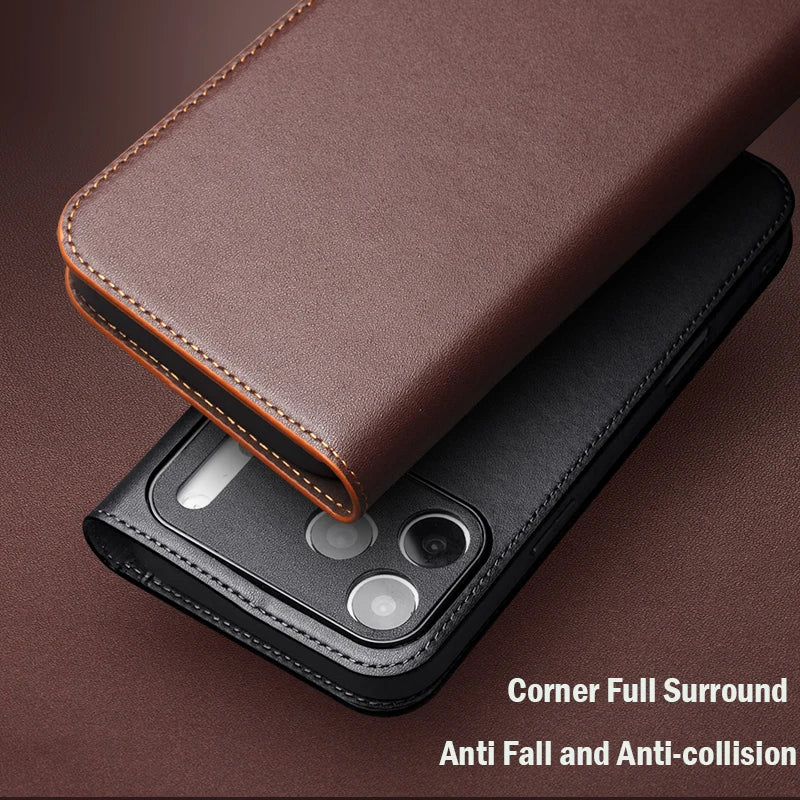 QIALINO Genuine Leather Wallet Case for iPhone 17 Pro Max – Handmade Flip Cover with Card Slots