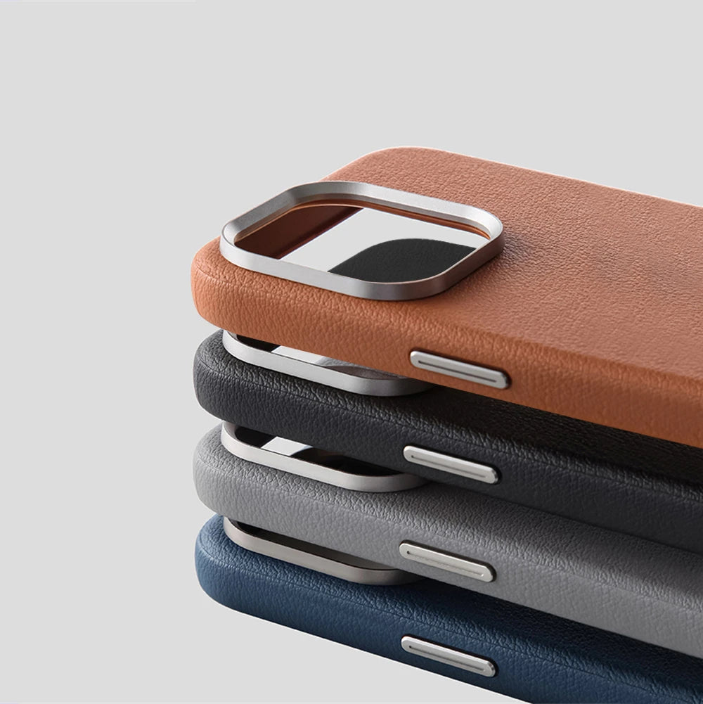 Luxury Business Metal Camera PU Leather Magnetic Case for iPhone 15–17 Series – MagSafe Wireless Protective Cover