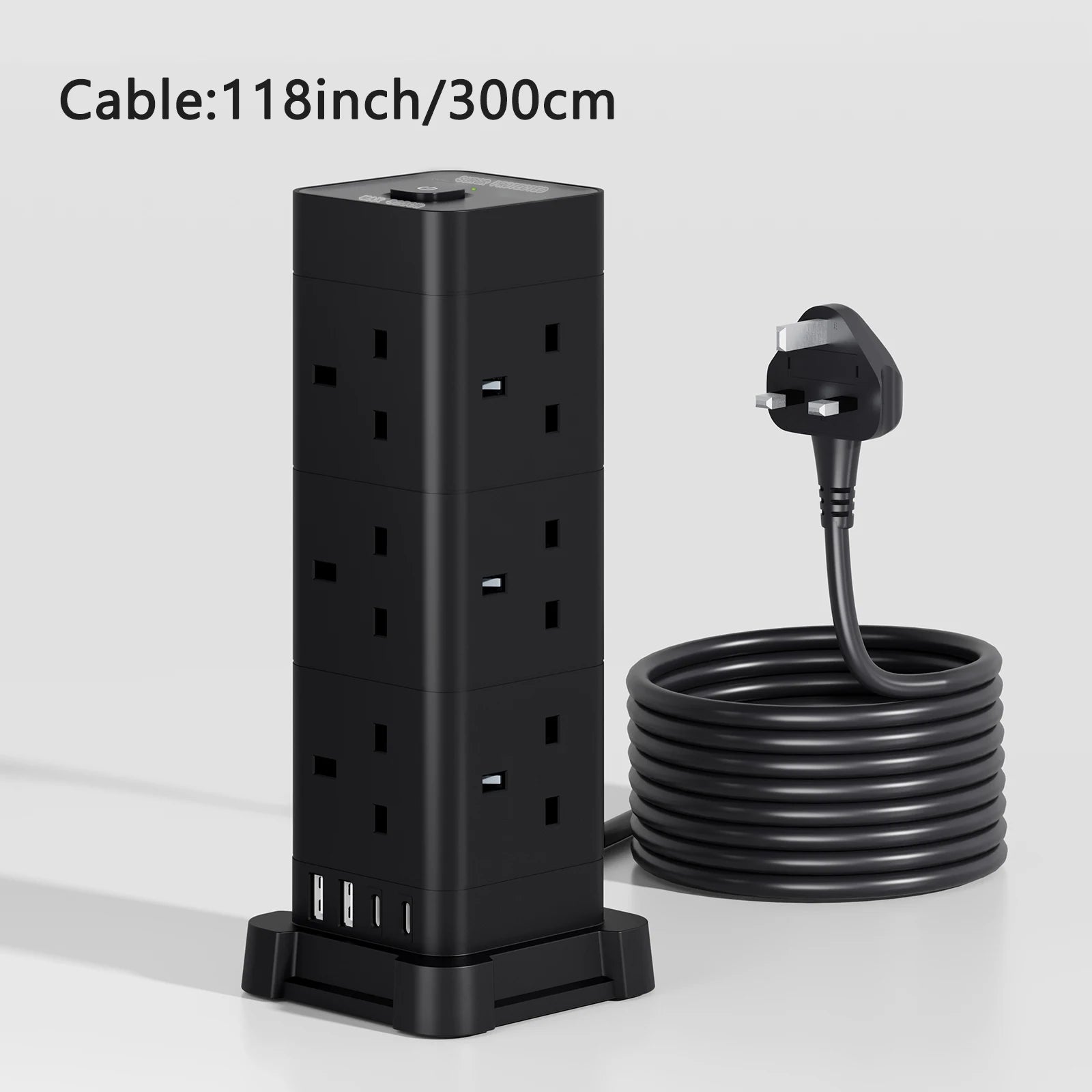 UK Power Tower Extension Lead – Multi Socket Surge Protector with USB-C & USB Charging Ports