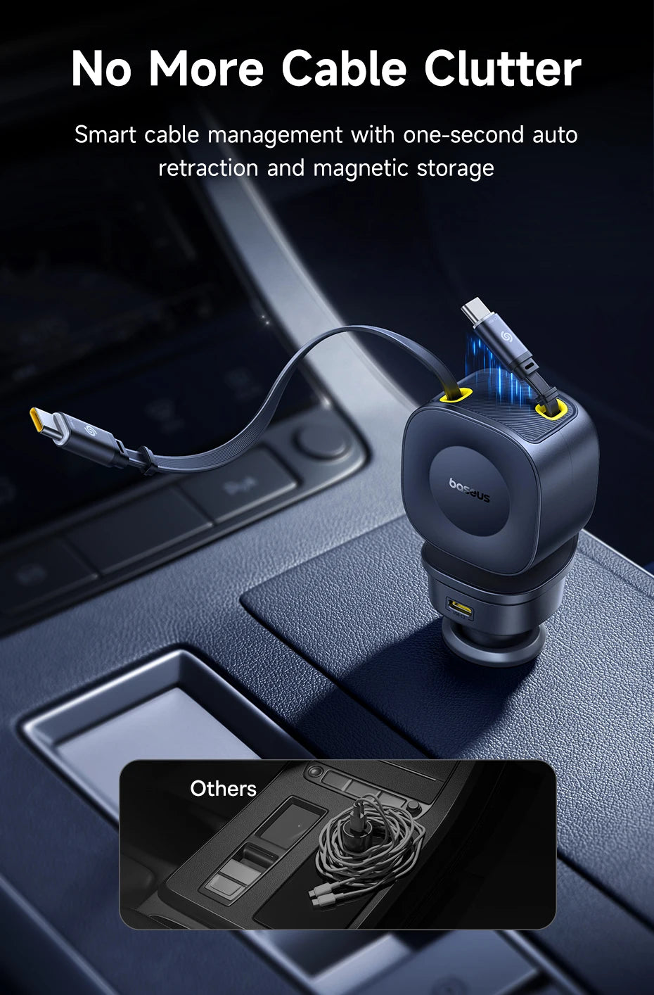 Baseus 240W Car Charger – 4-Port Fast Charging Adapter with Retractable USB-C Cable
