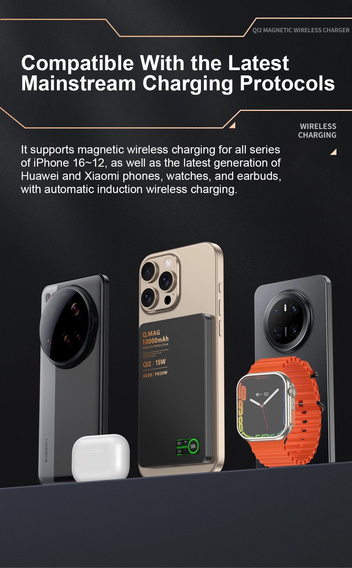 15W Wireless Magnetic Power Bank – LCD Display, iPhone, AirPods & Watch Charging