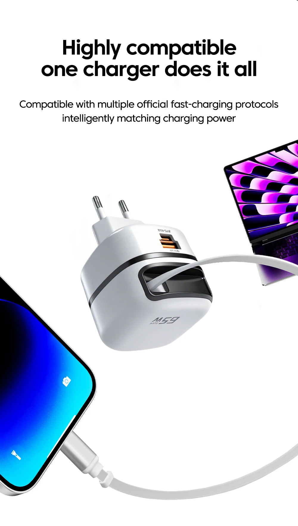 65W USB Type-C Travel Charger – Fast Charging for iPhone, Samsung & Laptops