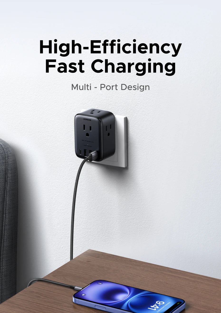 UGREEN 20W Power Strip – 4 AC Outlets, 3 USB-A & 1 USB-C for Home & Travel