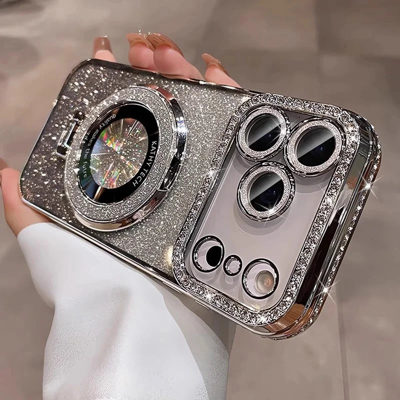 Plating MagSafe Rhinestones Magnetic Stand Case for iPhone 15–17 Series – Diamond Bumper Cover