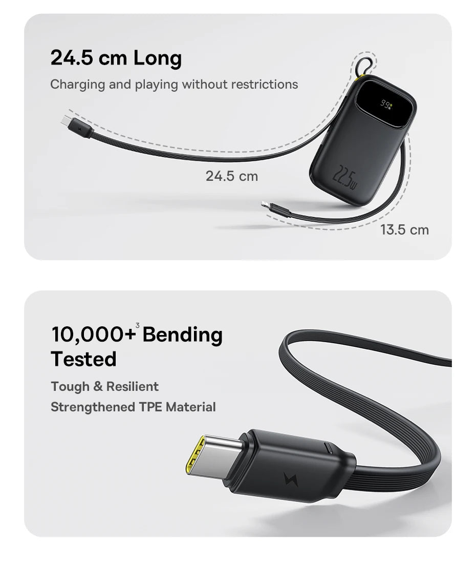 Baseus 22.5W 10000mAh 20000mAh Power Bank Built-In Retractable USB-C & Lightning Cable for iPhone 16 Samsung S25 Xiaomi Poco