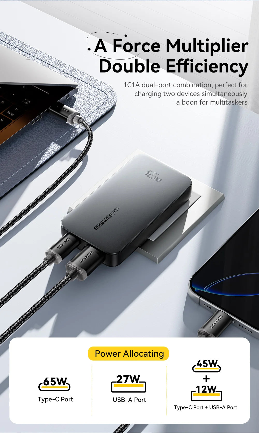 Essager 65W GaN Charger USB Type C Quick Charge 3.0 Fast Charger for iPhone 16 15 Xiaomi Samsung ipad Macbook Tablet PD Charger