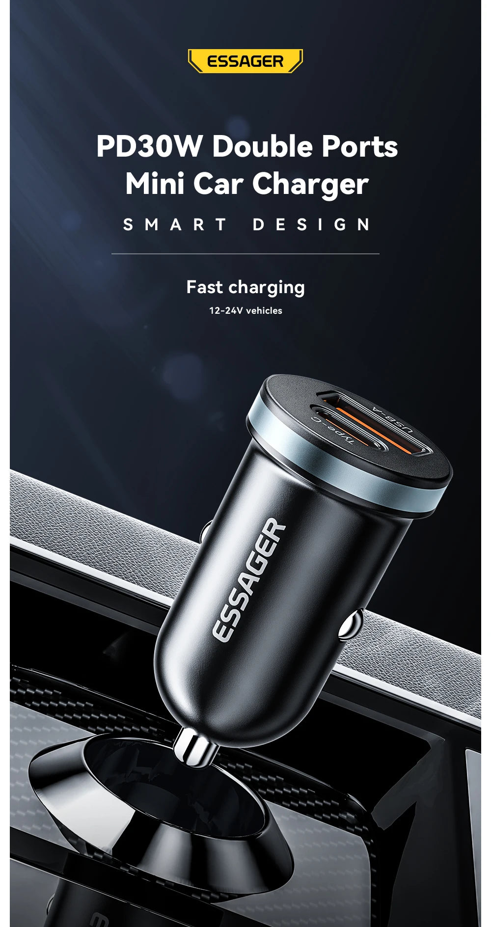 Essager 30W USB Type C Car Charger Fast Charge PD QC 3.0 FCP AFC For iphone 14 13 12 Xiaomi Huawei Samsung Mobile Phones Adapter