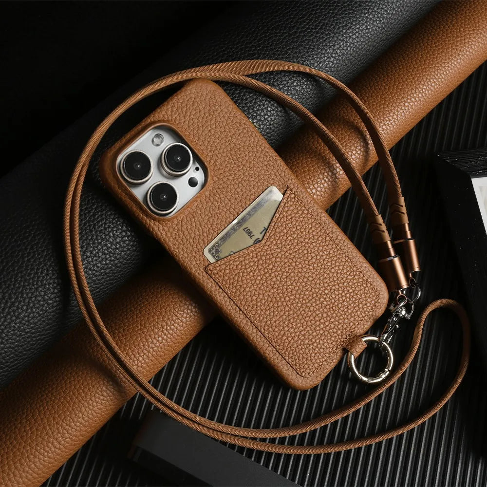 Multifunctional Charging Cable Lanyard Genuine Leather Case For iPhone 16 Pro Max 15Pro 11 13 12 14Pro Crossbody Strap Card Slot