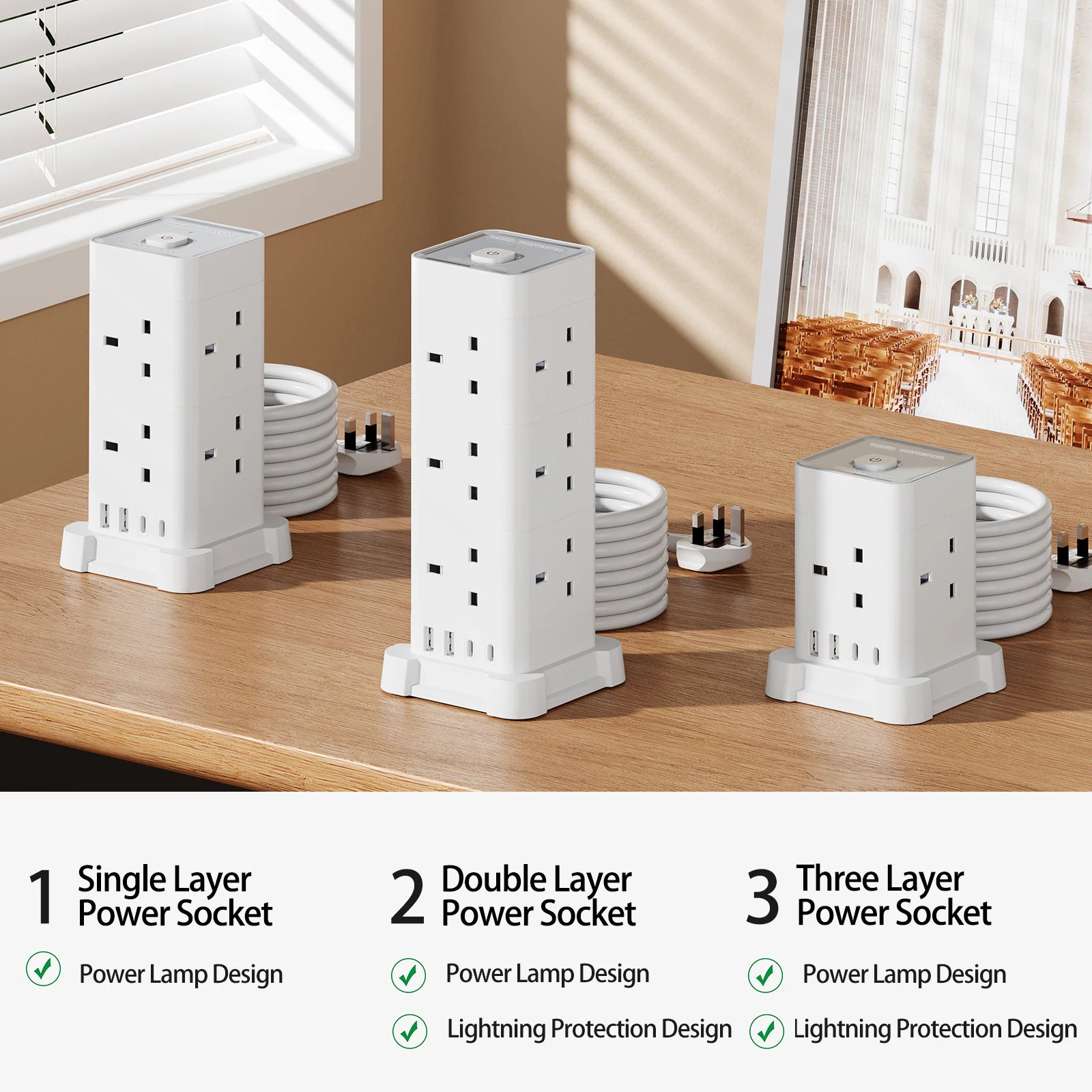 UK Power Tower Extension Lead – Multi Socket Surge Protector with USB-C & USB Charging Ports