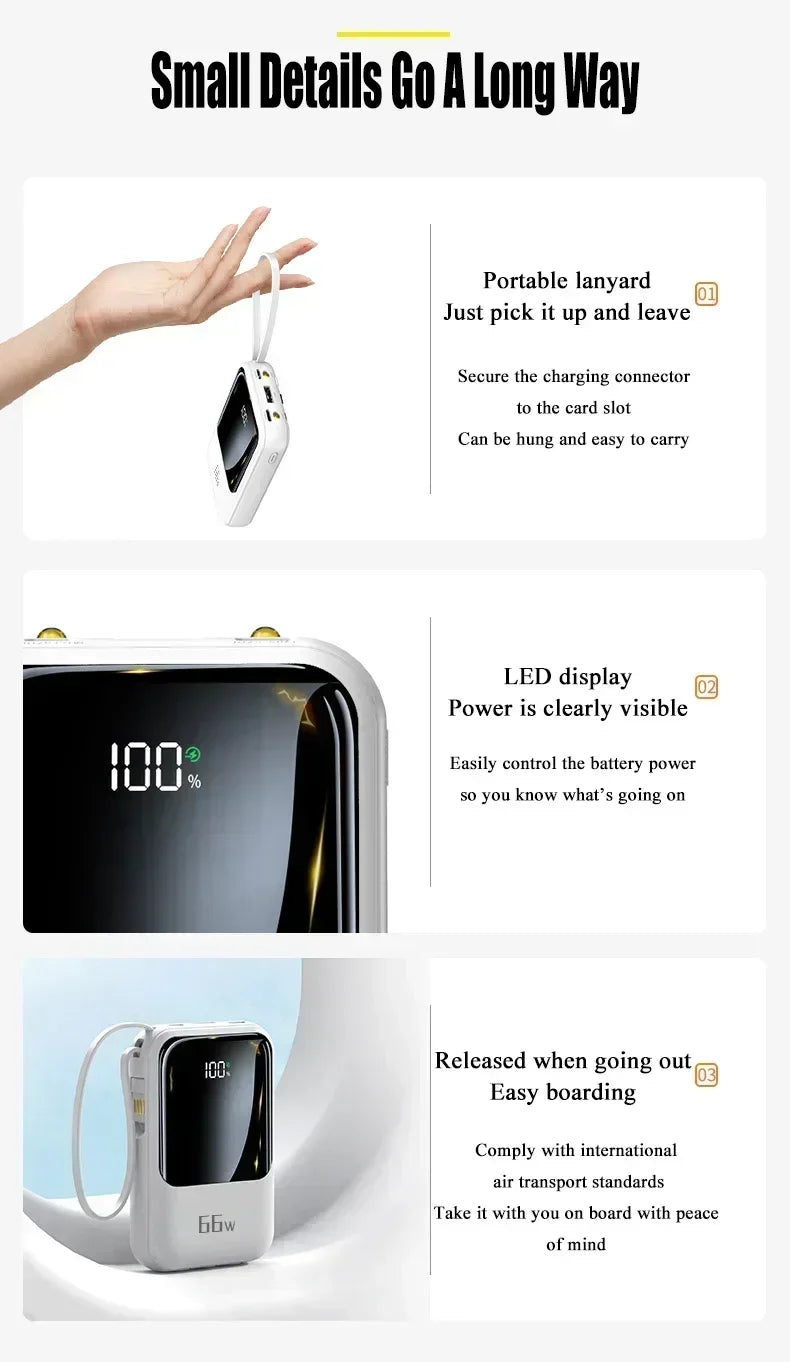 66W 30000mAh Portable Power Bank with Built-in Cables