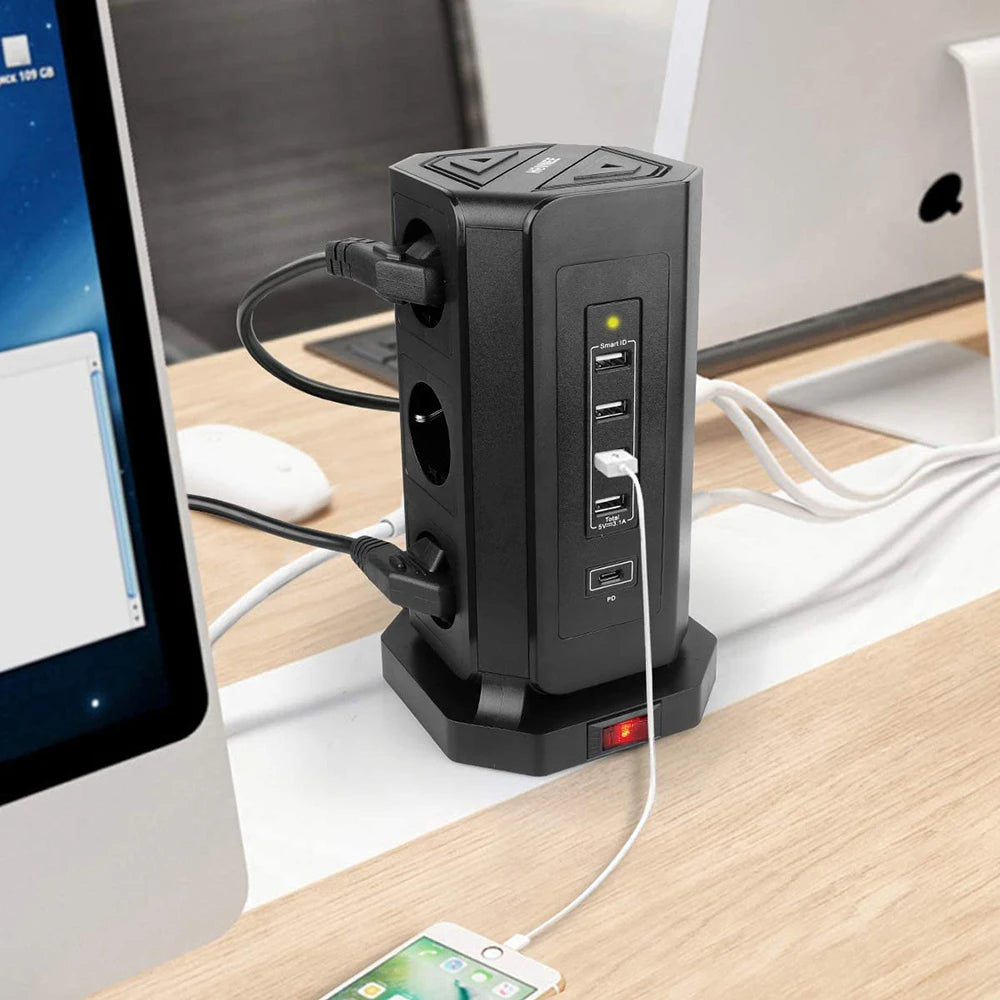 MELERY EU Vertical Space - Saving Tower Power Strip – 9 AC Sockets & 5 USB Ports