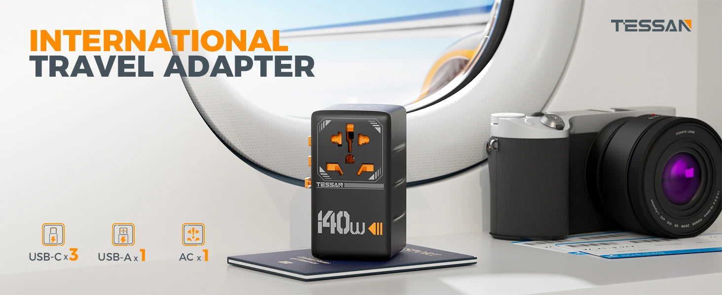 TESSAN 100W GaN Universal Travel Adapter – USB & Type-C Fast Charging