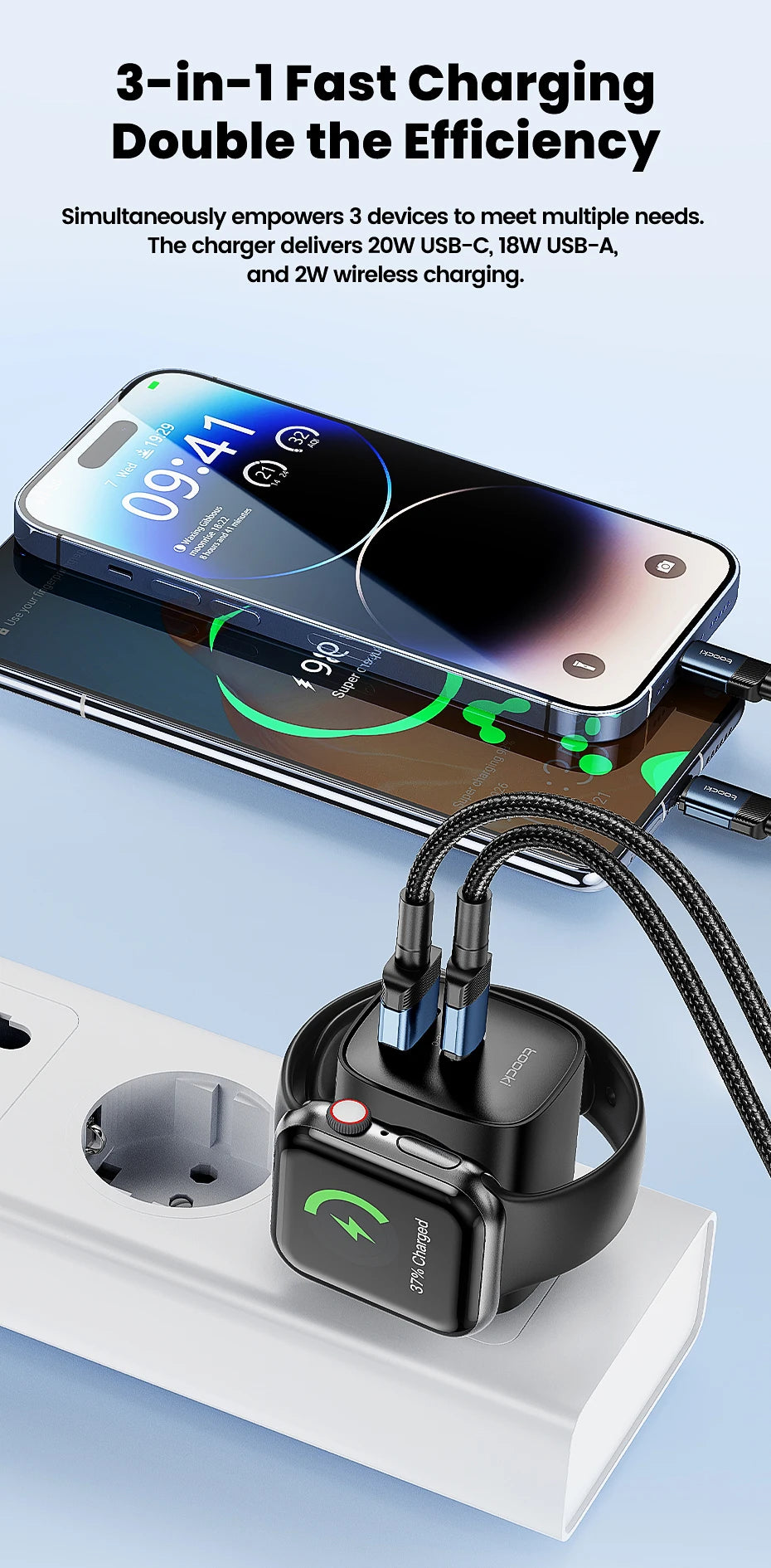 Toocki 3-in-1 GaN Charger – Fast USB-C & Wireless Charging for Phones & Watch