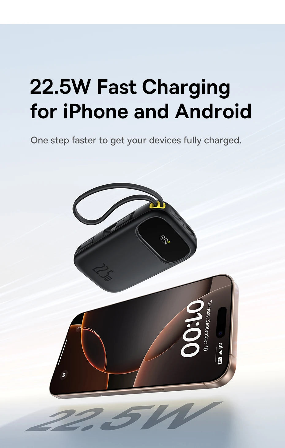 Baseus 22.5W 10000mAh 20000mAh Power Bank Built-In Retractable USB-C & Lightning Cable for iPhone 16 Samsung S25 Xiaomi Poco