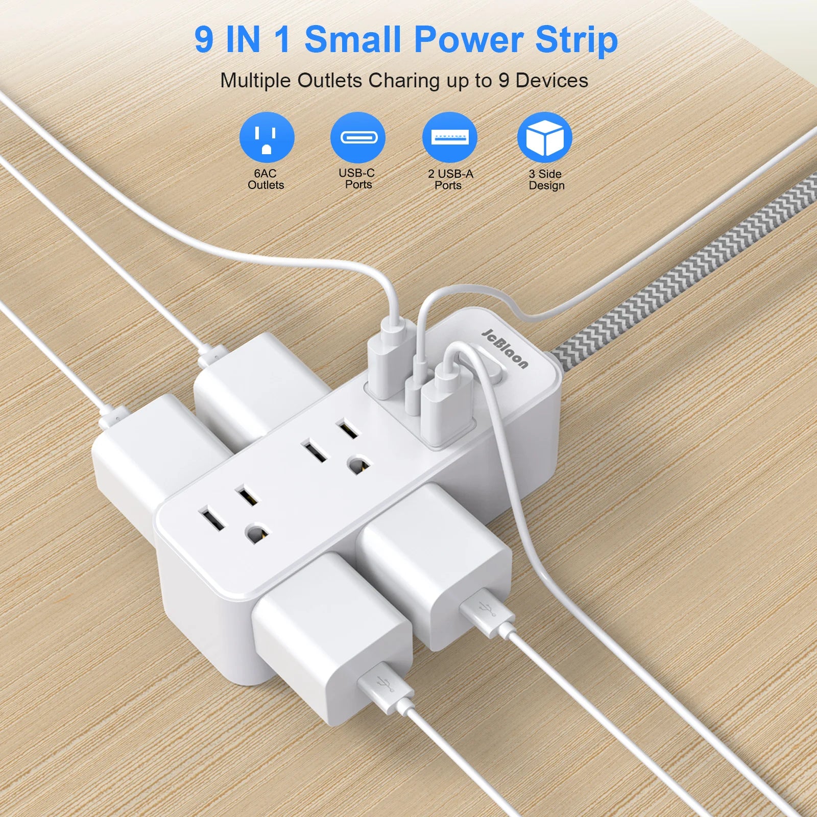 JcBlaon US Plug Multitap Power Strip – 1.5m Braided Cable with USB Charging