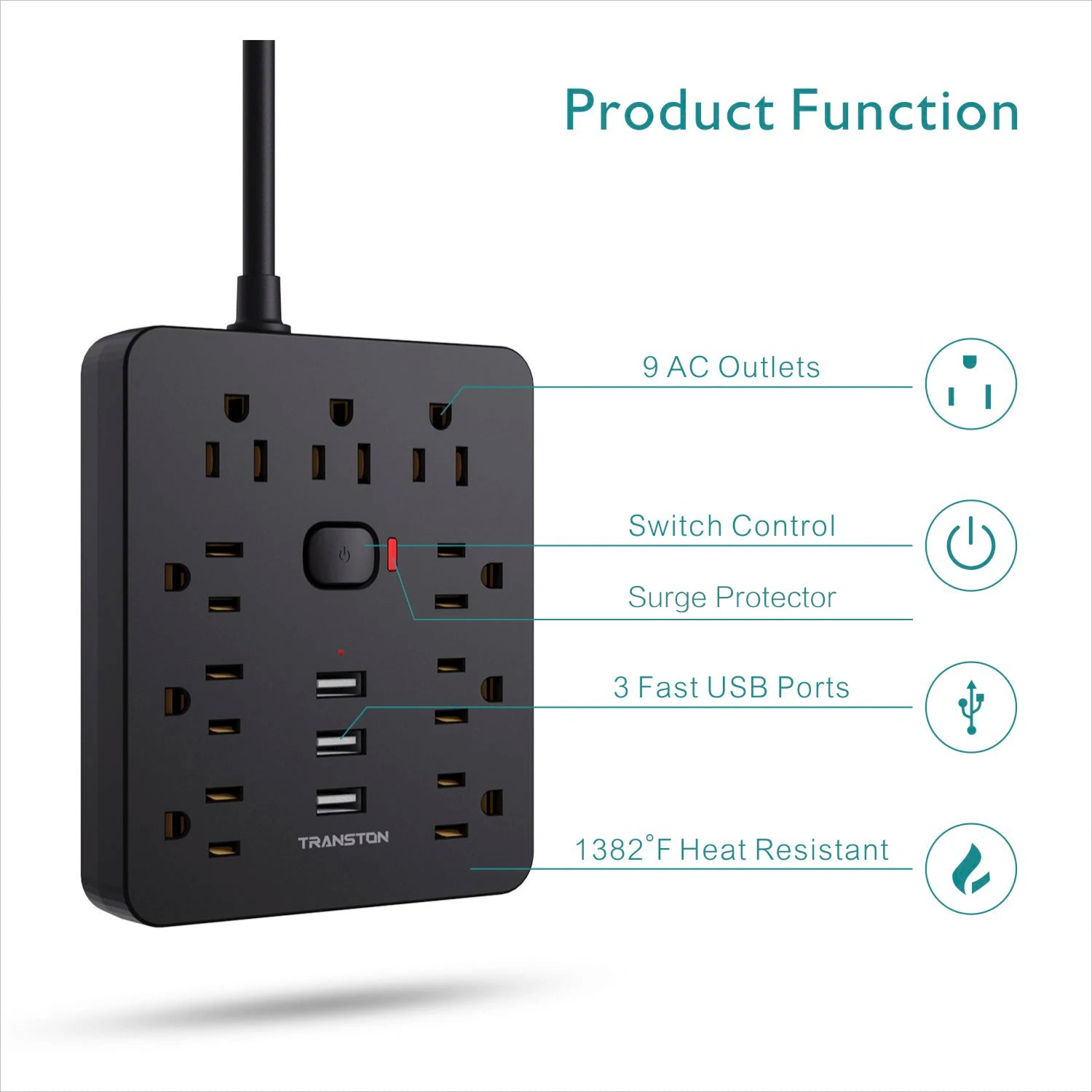 TRANSTON Home & Office Power Strip – 9 AC Outlets with 3 USB Ports