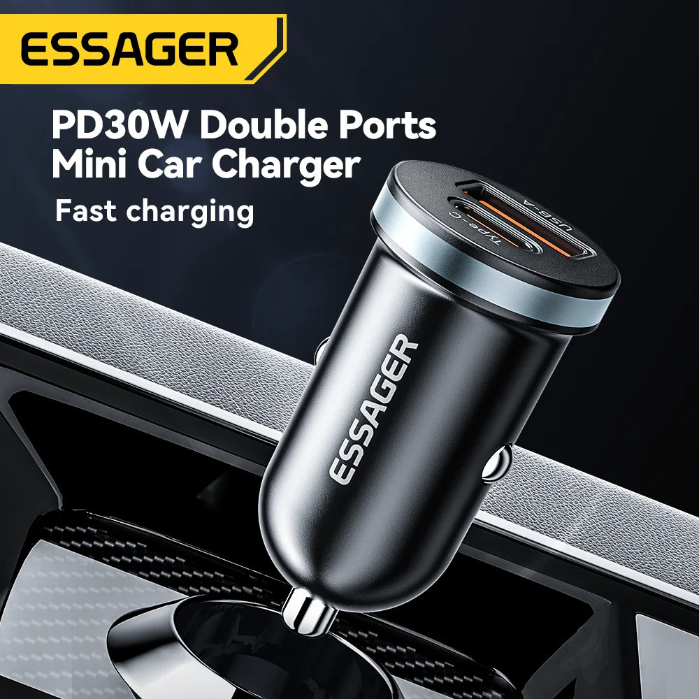 Essager 30W USB Type C Car Charger Fast Charge PD QC 3.0 FCP AFC For iphone 14 13 12 Xiaomi Huawei Samsung Mobile Phones Adapter