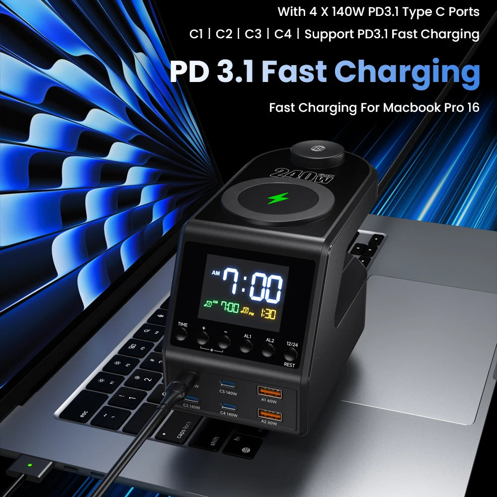 240W GaN Charger Station 4×140W PD3.1 USB Type C Wireless Fast Charger for MacBook iPad Samsung Alarm Clock Time Display