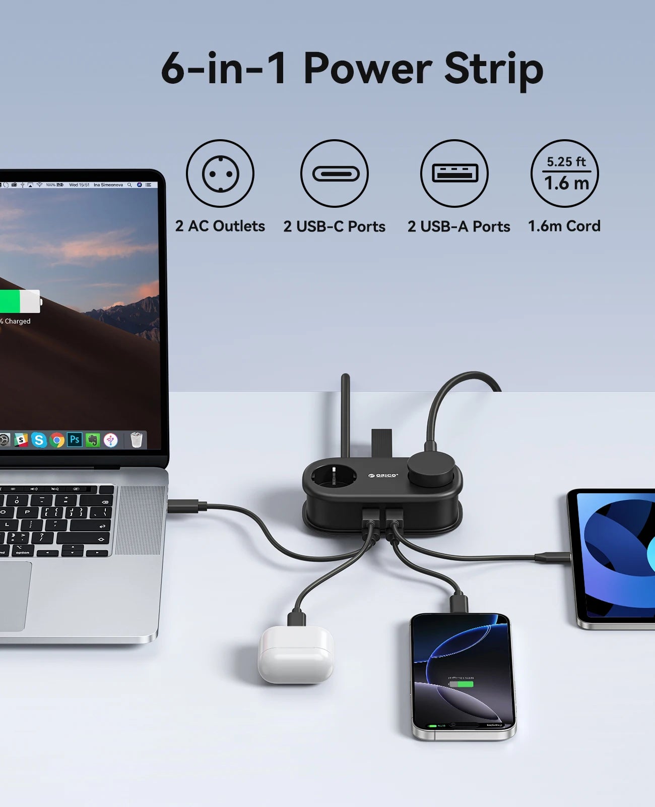 ORICO 65W GaN Power Strip – 2 AC Outlets, 2 USB & 1 USB-C