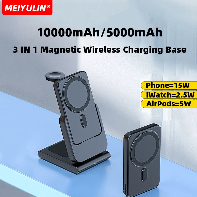 Portable 3-in-1 Wireless Charger – 10000mAh Power Bank for Apple Devices