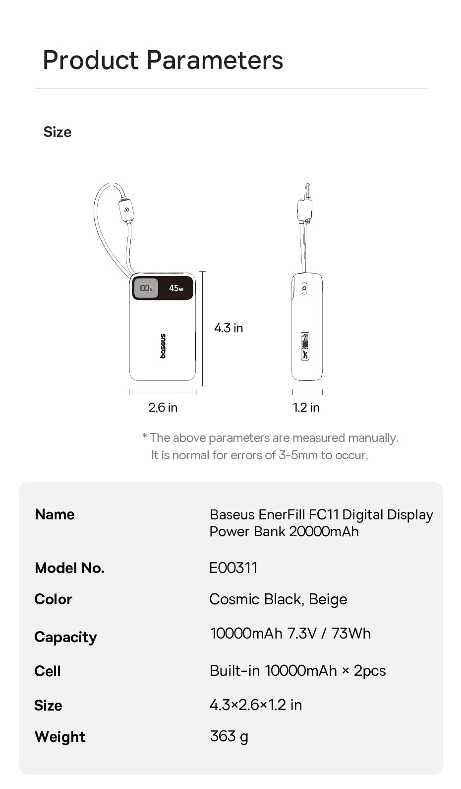 Baseus 45W Power Bank 10000mAh 20000mAh Built-In Dual USB-C Cable Fast Charging for iPhone 17 16 Pro Max Samsung S25 Xiaomi Poco