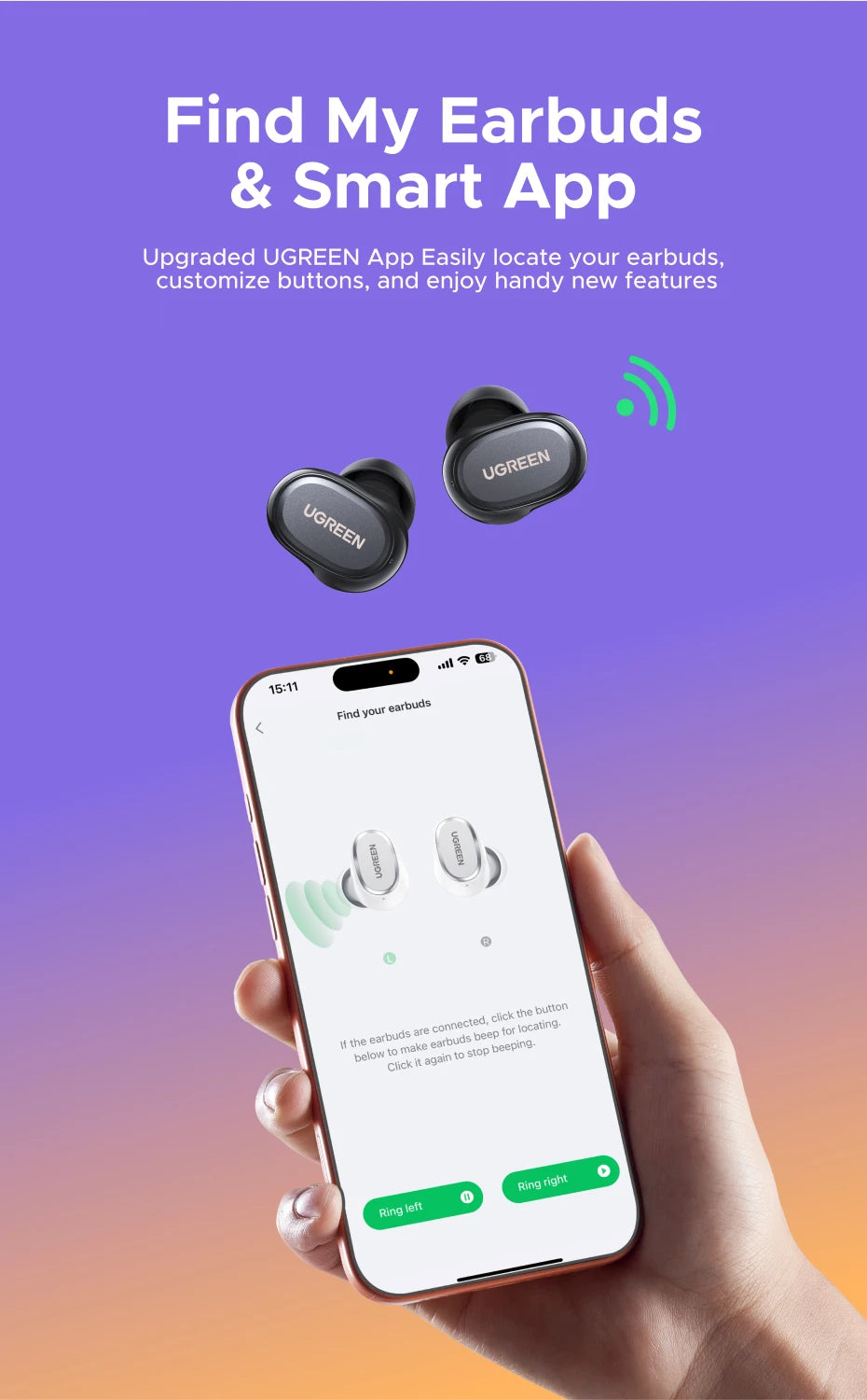 UGREEN Dots Earbuds – Bluetooth, Long Playtime, App-Controlled Sound
